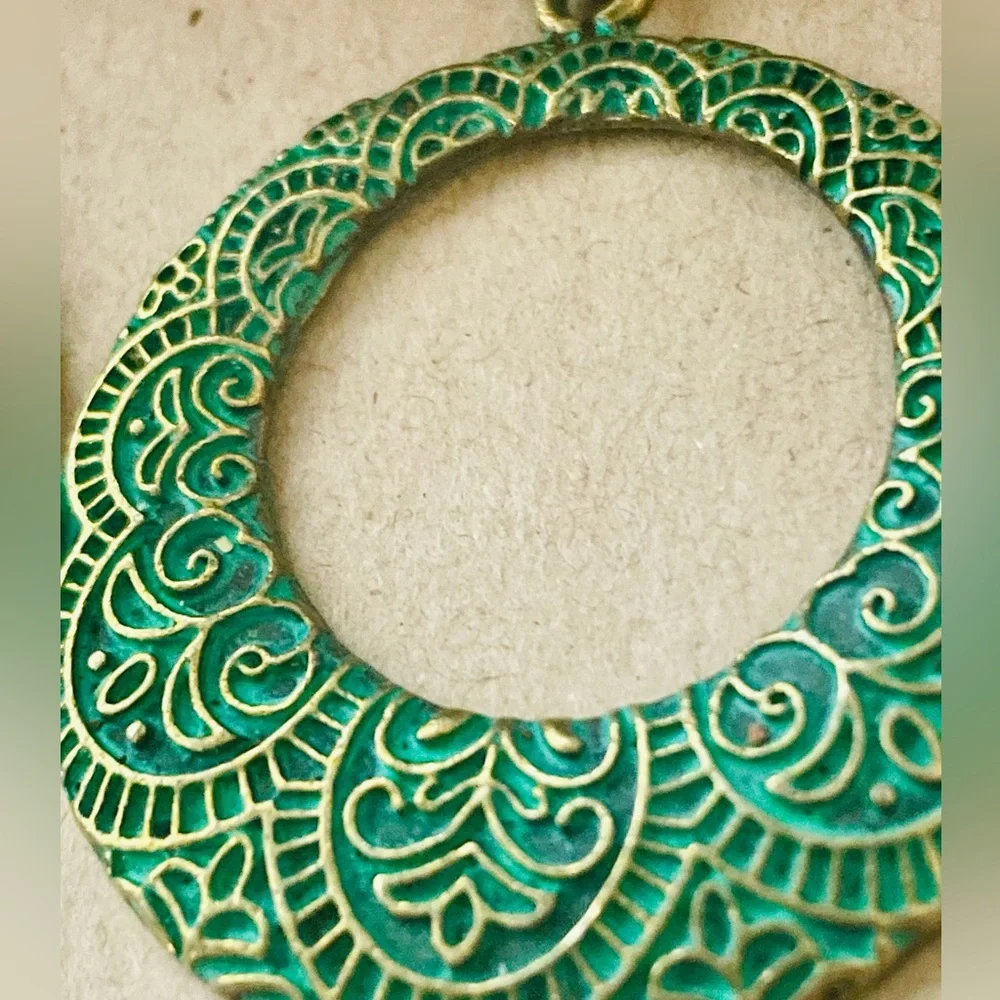 Antique Brass Boho Drop Earrings with Embossed Mandala Design in Green Patina - Picture 4 of 12